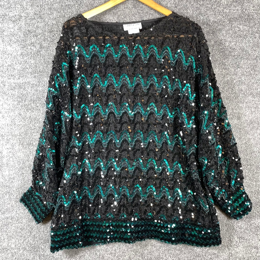 Vintage Givenchy Top Womens 18 W Black Teal Sequin Zigzag West Germany 80s Art - Picture 2 of 12